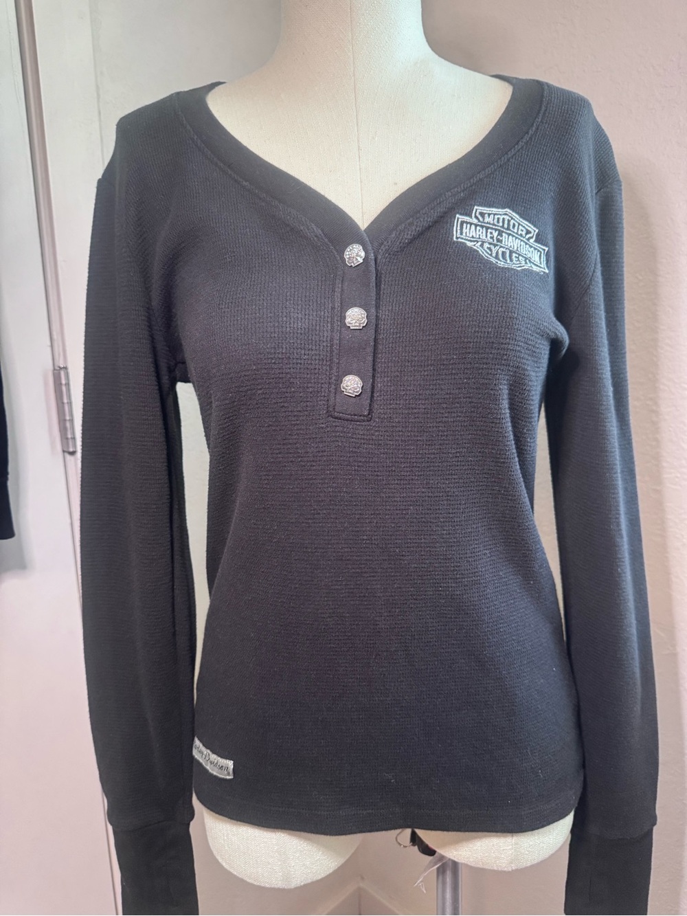 Harley-Davidson Black Women's Long-Sleeve Waffle Henley